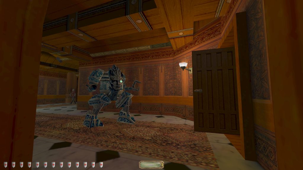 Abb. 3: Ein Flur mit Roboter und Wachmann in Thief 2 (Selbsterstellter Screenshot aus Thief 2: The Metal Age (2000)).