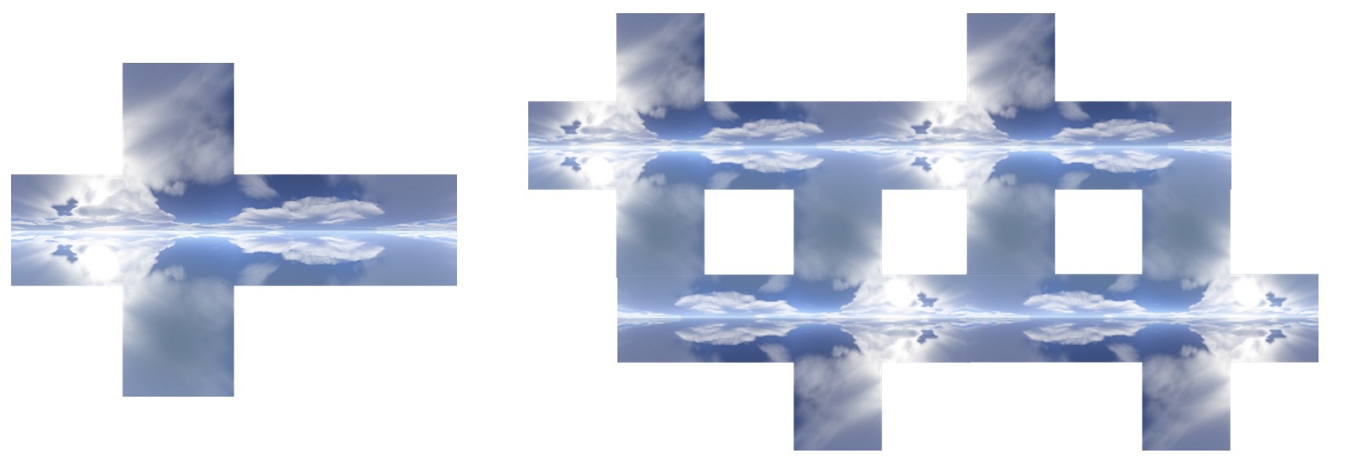 Abb. 2.2.a: Eine Beispielhafte Skybox-Textur aus einem Tutorial des Blogs Nerd for Tech. Abb. 2.2.b: Die Ränder der Textur lassen sich an manchen Stellen nahtlos zusammenfügen. Siehe Abb. 2.2.a, eigene Bearbeitung.