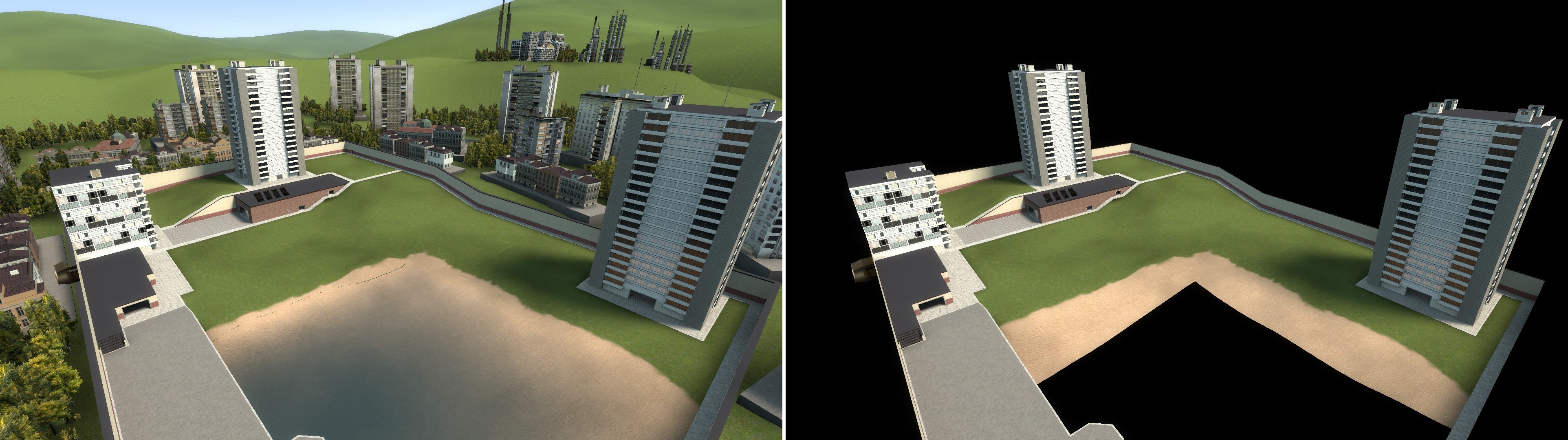 Abb. 2.2.d: Die Map gm_construct, wie sie im Spiel normalerweise erscheint. Screenshot aus Garry's Mod (2006). Abb. 2.2.e: gm_construct, ohne 3-D- und 2-D-Skybox. Screenshot aus Garry's Mod (2006).