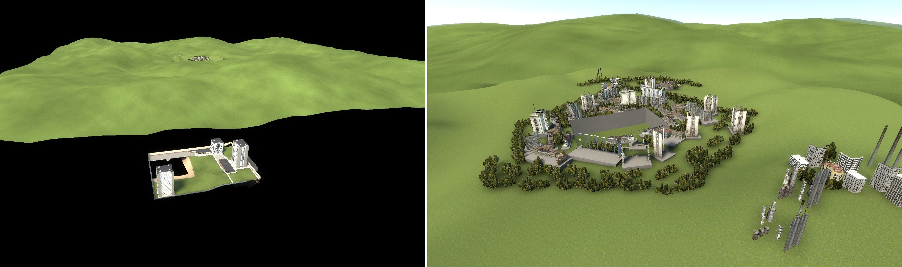 Abb. 2.2.f: Blick auf gm_construct von außerhalb der Map. Die große Grasfläche mit einigen Gebäuden in der Mitte ist das 1:16-Modell der 3-D-Skybox. Im Bild darunter zu sehen ist die eigentliche begehbare Levelstruktur. Screenschot aus Garry's Mod (2006). Abb. 2.2.g: Das Modell der Umgebung. In der Mitte ist eine Lücke für die eigentliche Levelstruktur. Die sky_camera bewegt sich innerhalb dieser Lücke analog zu den Bewegungen der Spielfigur im Level. Screenshot aus Garry's Mod (2006).