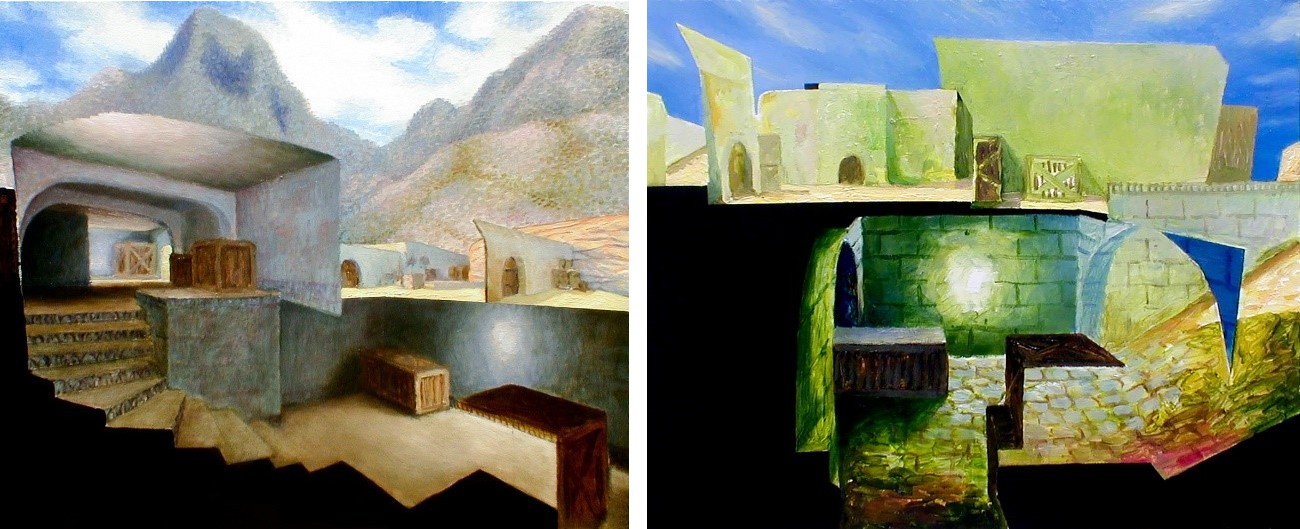 Abb. 4.1.b: de_dust2, Öl auf MDF, Kristoffer Zettertrand 2002. Blick auf eine Treppe und einen Tunnel auf der Map dust2 von außerhalb der Map. Abb. 4.1.c: de_dust2, Öl auf MDF, Kristoffer Zettertrand 2002. Blick auf den selben Tunnel aus anderer Perspektive.
