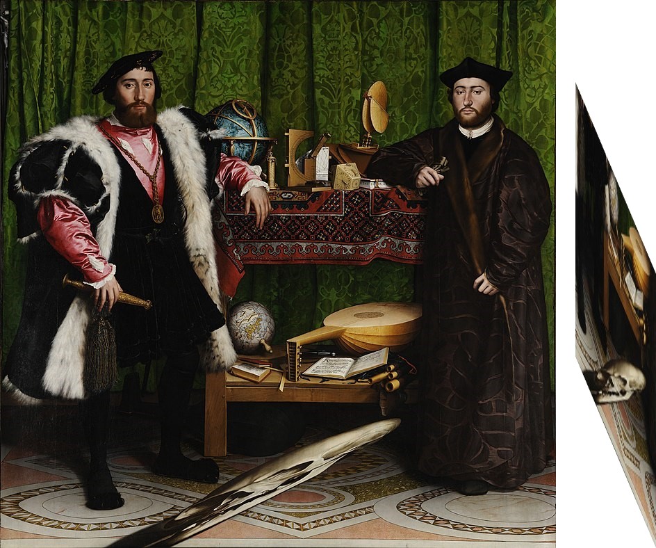 Abb. 3.1.b: Die Gesandten von Hans Holbein dem Jüngeren. Der Schädel findet sich im unteren Bildviertel. Abb. 3.1.c: Perspektivisch verzerrt wird der Schädel deutlich als solcher erkennbar.