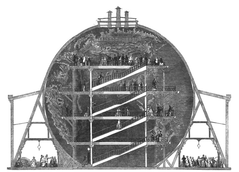 Abb. 3.2.a: Das Georama Great Globe von James Wyld im Querschnitt. Illustration aus der Illustrated London News von 1851. Unbekannte*r Urheber*in. Siehe auch Oettermann, Das Panorama. 1980: S. 73.