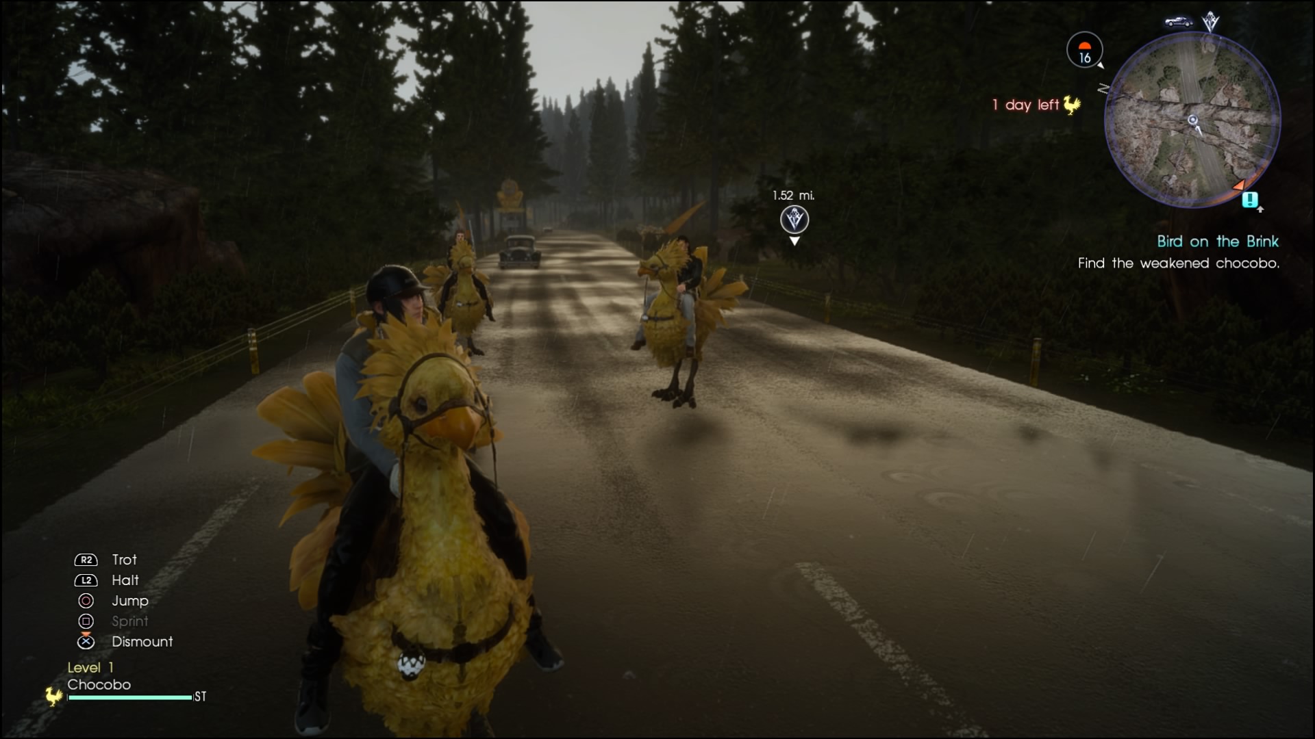 Der Screenshot zeigt eine Szene aus Final Fantasy. Mehrere Figuren reiten auf gelben Chocobos im Regen &uuml;ber eine Stra&szlig;e. Um sie herum ist Wald. Au&szlig;erdem ist das Overlay inform einer Minimap und einigen Hotkeys zu sehen.