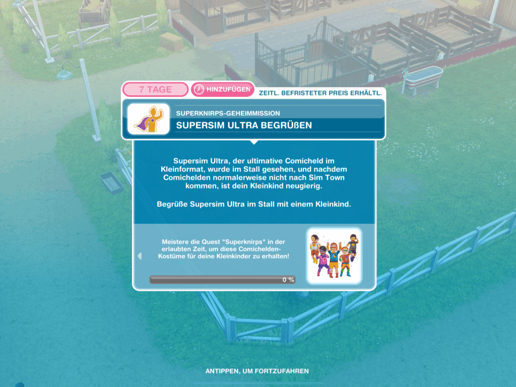 Der Screenshot zeigt ein Ingame Fenster aus Die Sims FreiSpiel. Darauf ist eine auf 7 ingame Tage begrenzte: Superknirps-Geheimmission beschrieben.