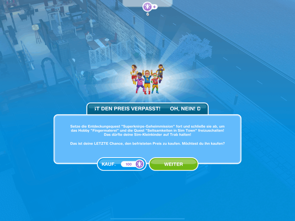 Der Screenshot zeigt ein Fenster aus Die Sims FreiSpiel. Darauf wird mitgeteilt, dass die: Superknirps-Geheimmission abläuft. Deshalb wird die Folgequest und ein Hobby nicht freigeschaltet. Gegen Währung kann der Preis aber gekauft werden.