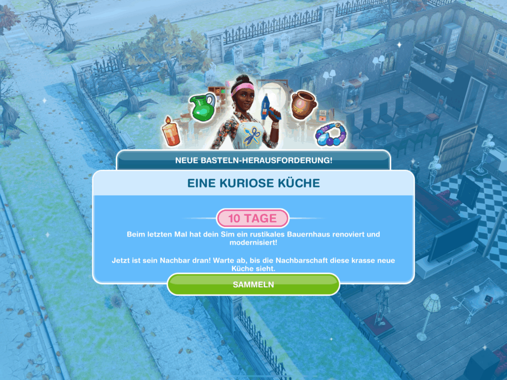 Der Screenshot zeigt ein Ingame Fenster in Die Sims FreiSpiel. Darin wird eine 10 tägige Bastel-herausforderung: Eine kuriose Küche, angekündigt.