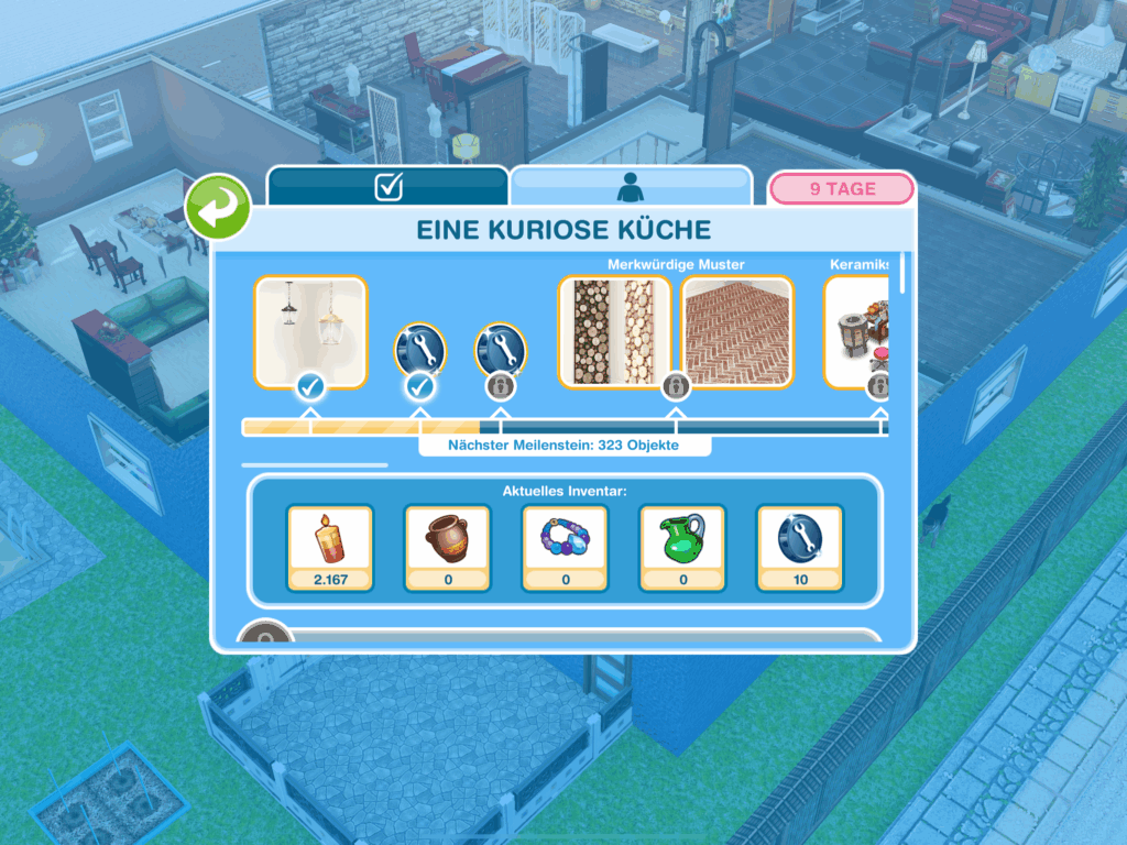 Der Screenshot zeigt den Fortschritt im Eine kuriose Küche Event in Die Sims FreiSpiel. Die Meilensteine geben Dekoobjekte u. Ä. als Belohnung.