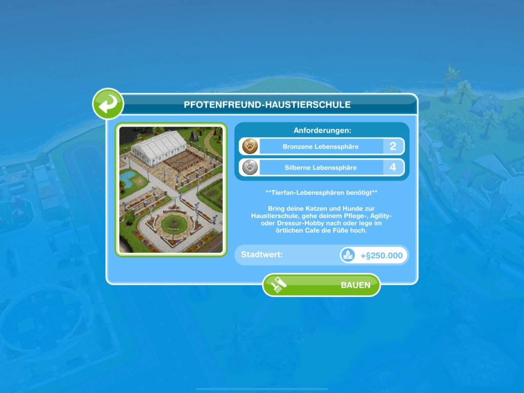 Der Screenshot aus Die Sims FreiSpiel zeigt ein Fenster im Baumenü für die Pfotenfreund-Haustierschule. Es zeigt Gebäudebeschreibung, Baukosten und der Gebäudewert.