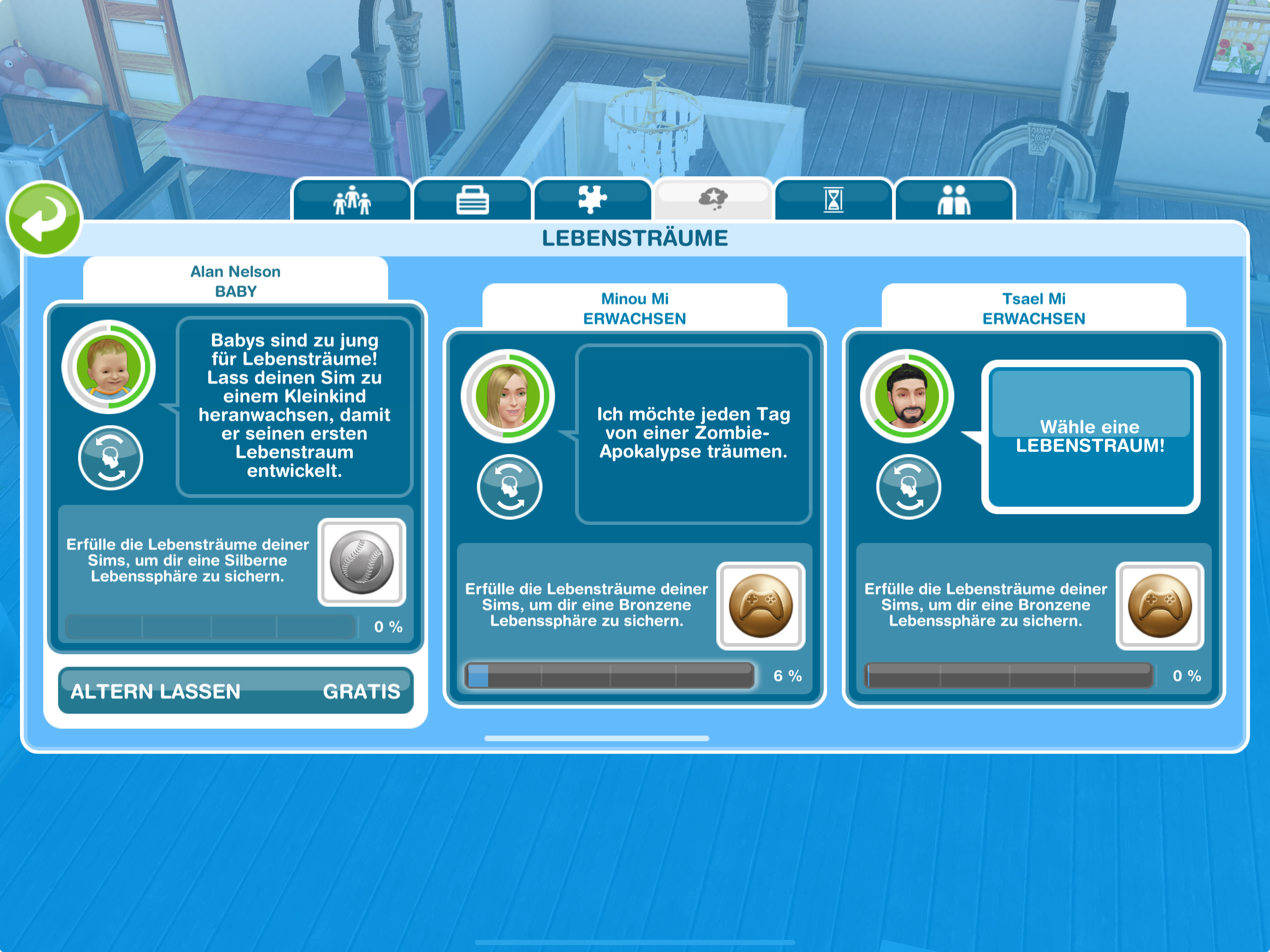 Der Screenshot zeigt ein Fenster mit Lebensträumen und deren Fortschritt von drei verschiedener Figuren aus dem Spiel: Die Sims FreiSpiel. Links ein Baby, rechts daneben zwei Erwachsene Sims.