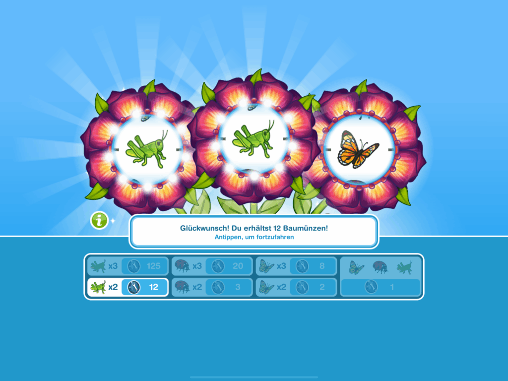 Der Screenshot zeigt Belohnungen in dem Spiel Die Sims FreiSpiel. Darauf sind drei große Blumen mit Insekten Bildern darin.