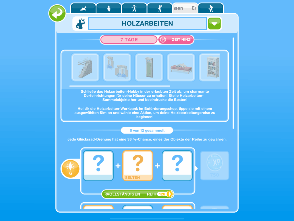 Der Screenshot zeigt ein Fenster aus dem Spiel Die Sims FreiSpiel. Unter dem Menüpunkt ,,Erwachsene" sind Zeitbegrenzte Aufgaben und Belohnungsfortschritt zu sehen. Die Belohnungen können auch gegen eine Währung freigeschaltet werden.