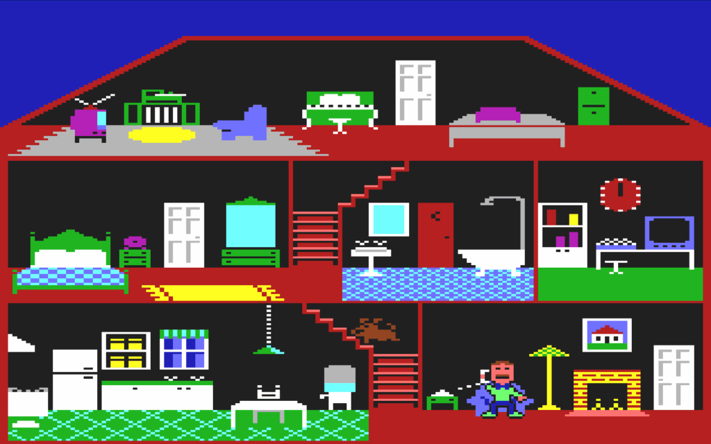 Der Screenshot zeigt das Spiel: Little Computer People. Darauf ist ein drei stöckiges Haus abgebildet, in das man wie bei einem Puppenhaus hineinsieht. 