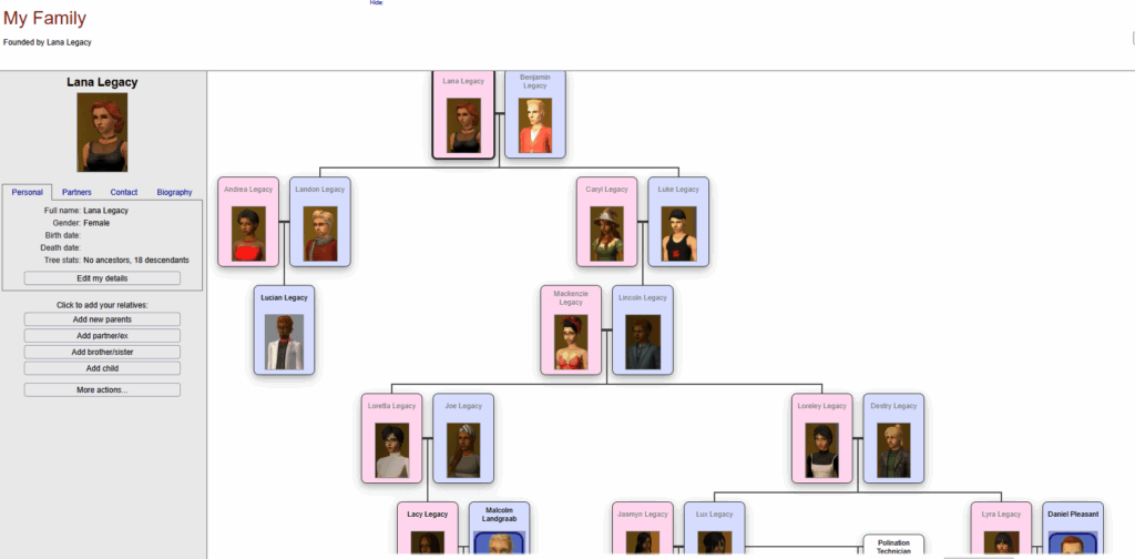 Der Screenshot zeigt den Teil eines Stammbaums aus dem Spiel Die Sims 2. Der Stammbaum ist von einem Spielstand mit der Legacy-Challenge.