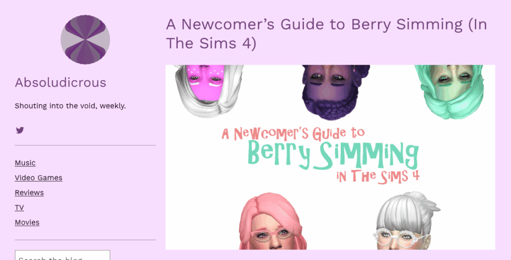 Der Screenshot zeigt einen Blog-Beitrag mit dem Titel: A Newcomer's Guide to Berry Simming (In the Sims 4). Darauf sind die Köpfe mehrerer Spielfiguren mit bunter Haut und bunten Haaren zu sehen.