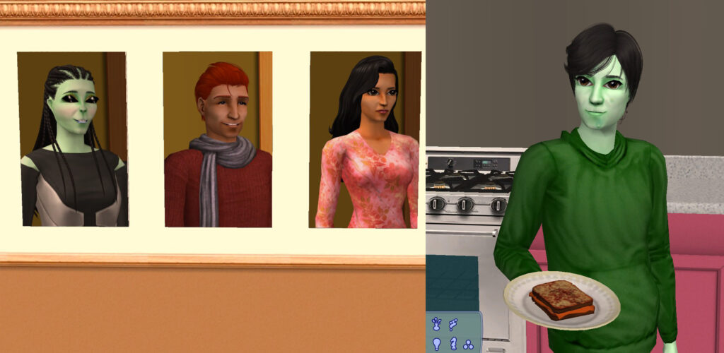 Der Screenshot zeigt das Spiel Die Sims2. Links ist eine Reihe Porträts von Spielfiguren, rechts steht ein Alien Sim mit einem Teller in der Hand in der Küche. 