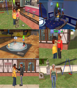 Die Abbildung zeigt Screenshots von sechs verschiedenen Szenen im Spiel Die Sims 2. Zwei Spielfiguren die sich im Garten unterhalten, zwei Figuren, die auf dem Bett liegen, drei Spielfiguren die zusammen im Whirpool sitzen, eine Spielfigur, die alleine vor einer Schaukel steht. 