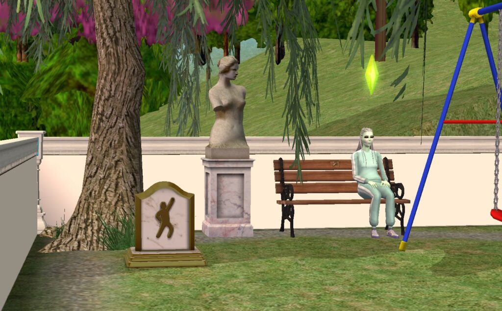 Der Screenshot zeigt eine Alien Spielfigur in Die Sims 2, die auf einer Bank neben einem Grabstein sitzt. 