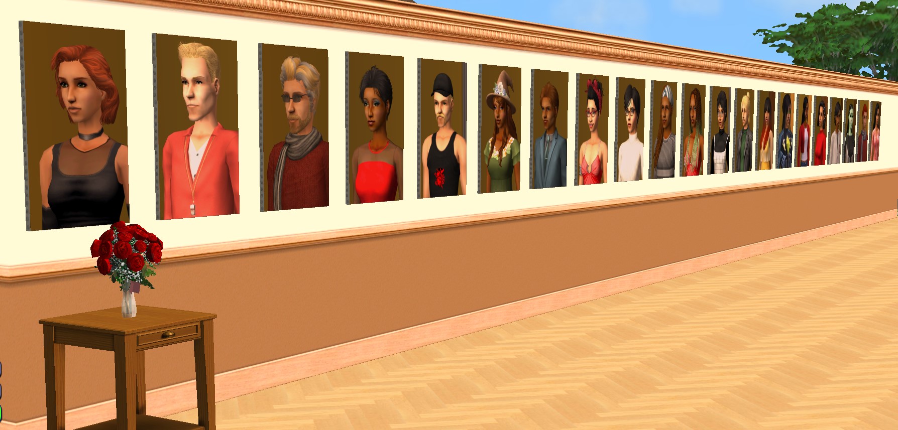 Das Bild zeigt einen Screenshot aus einem Sims Spiel. Darauf ist eine lange Reihe von Gemälden, die Porträts von Spielfiguren zeigen, zu sehen.