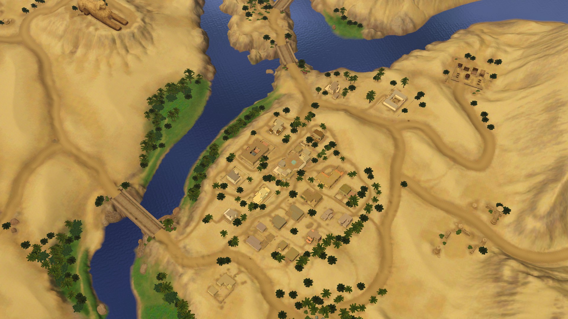 Auf der Abbildung ist die Spielwelt Al Simhara aus der Vogelperspektive zu sehen. Sie zeichnet sich durch Pyramiden, Tempel und eine sandige Umgebung aus. Neben einem Fluss und Palmen lässt sich am oberen linken Bildrand die Sphinx ausfindig machen.