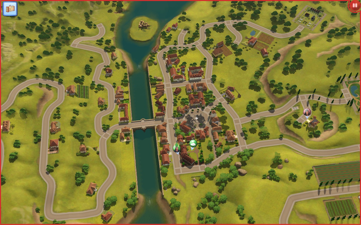 Auf der Abbildung ist die Spielwelt Champs les Sims aus der Vogelperspektive zu sehen. Sie zeichnet sich durch eine ausgeprägte urbane Struktur aus und verfügt über Schlösser, Wohnhäuser, Galerien und Weinfelder.