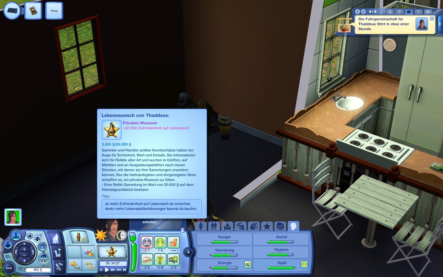 Der Screenshot zeigt den Lebenswunsch von Thaddeus, bei welchem es darum geht, eine Relikt-Sammlung im Wert von 20.000 § auf dem Heimatgrundstück zu besitzen. Die Erfüllung des Lebenswunsches führt zu +32.500 Zufriedenheit auf Lebenszeit.