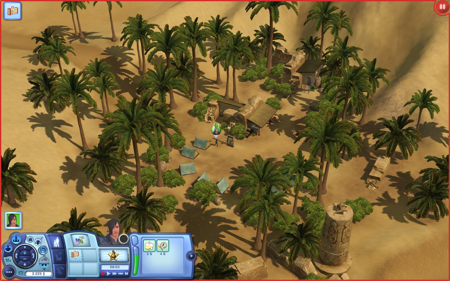 Das auf der Abbildung dargestellte Zeltlager, welches in der Spielwelt Al Simhara als Basiscamp dient, befindet sich in einer Wüste und ist umgeben von Palmen.