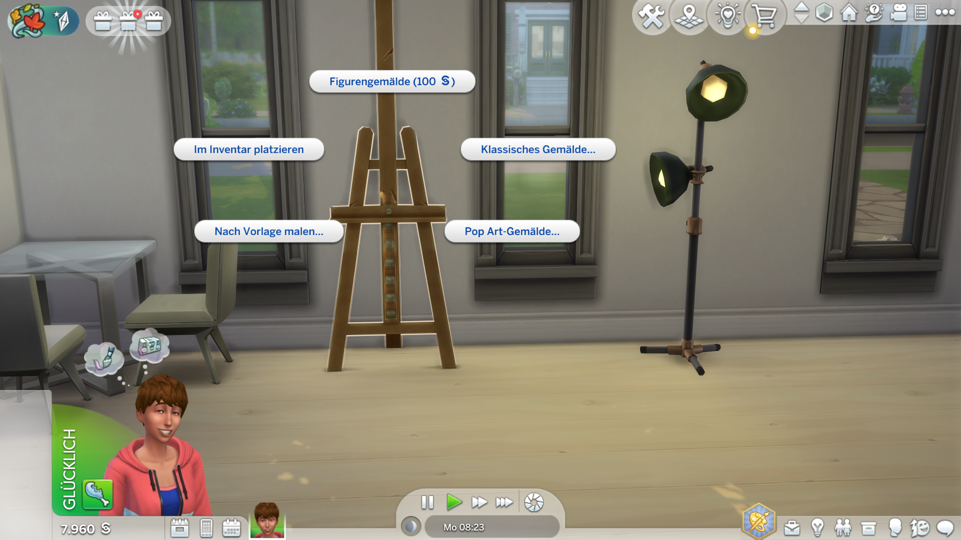 Eine Staffelei steht in einem Wohnraum zwischen zwei Fenstern. Nach einem Klick auf die Staffelei erscheint ein Auswahlmenü mit verschiedenen Maloptionen, darunter „Figurengemälde“, „Klassisches Gemälde“, „Pop Art-Gemälde“ und „Nach Vorlage malen“. Auch die Option „Im Inventar platzieren“ ist verfügbar.
