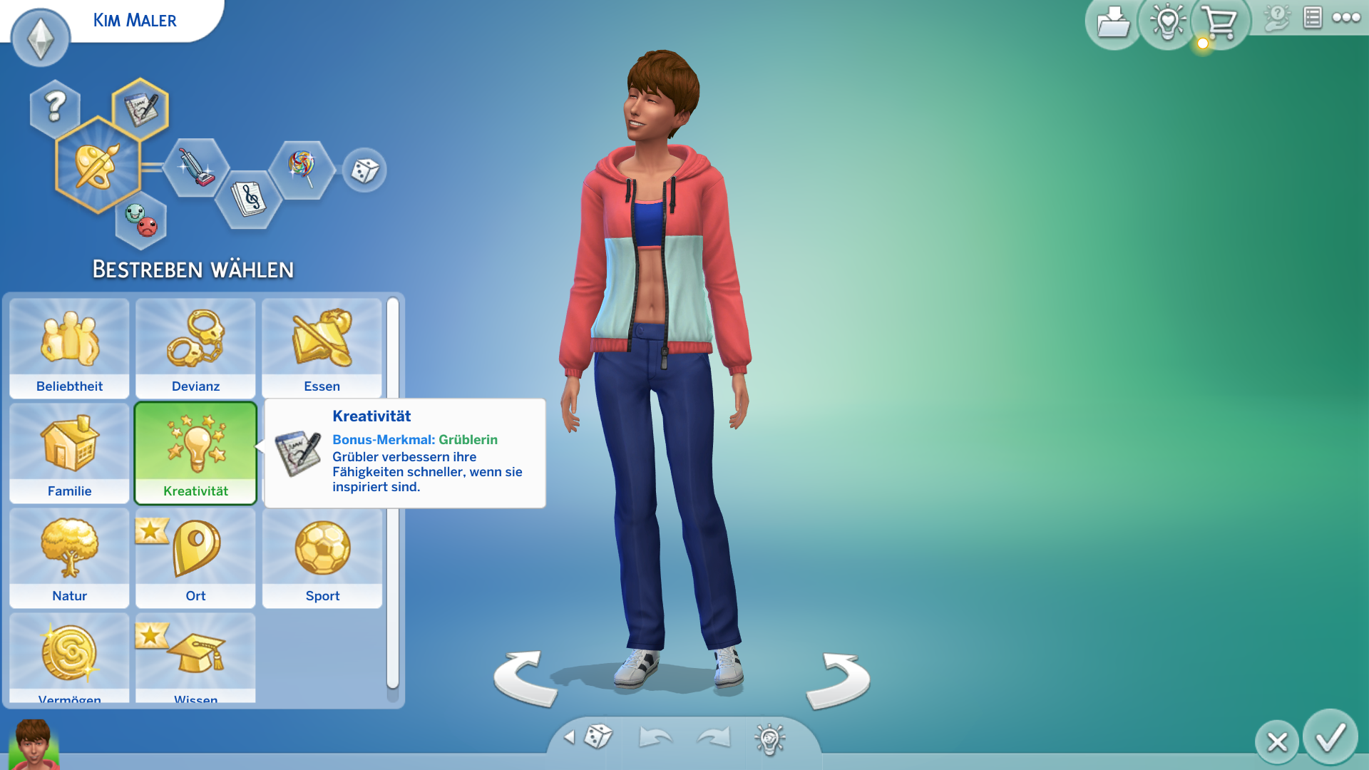 Auswahlbildschirm in ‚Die Sims 4‘ zur Festlegung eines Bestrebens für die SpielerInnenfigur namens Kim Maler. Das ausgewählte Bestreben nach Kreativität ist mit dem Bonusmerkmal der Grüblerin verbunden. Laut der angehängten Beschreibung befähigt dieses Bonusmerkmal dazu, dass Grübler ihre Fähigkeiten schneller verbessern, wenn sie inspiriert sind.