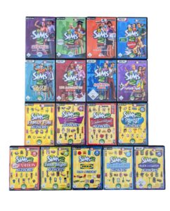Das Bild zeigt alle CD-ROM Verpackungen der Erweiterungs- und Accessoire Packs für das Spiel Die Sims 2.